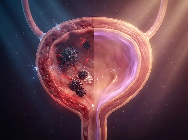 Diagram: balanced urinary microbiome versus harmful bacteria overstimulating the bladder